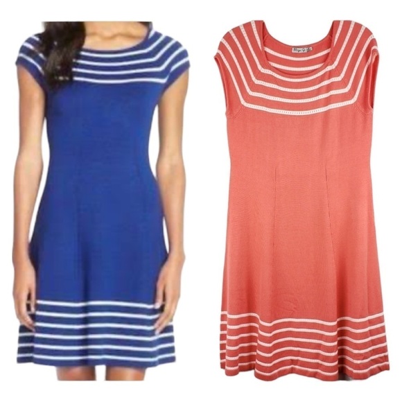 ELIZA J Coral White Striped Knit Cap Sleeve Fit n Flare Mini Dress Size 4 - Picture 2 of 8